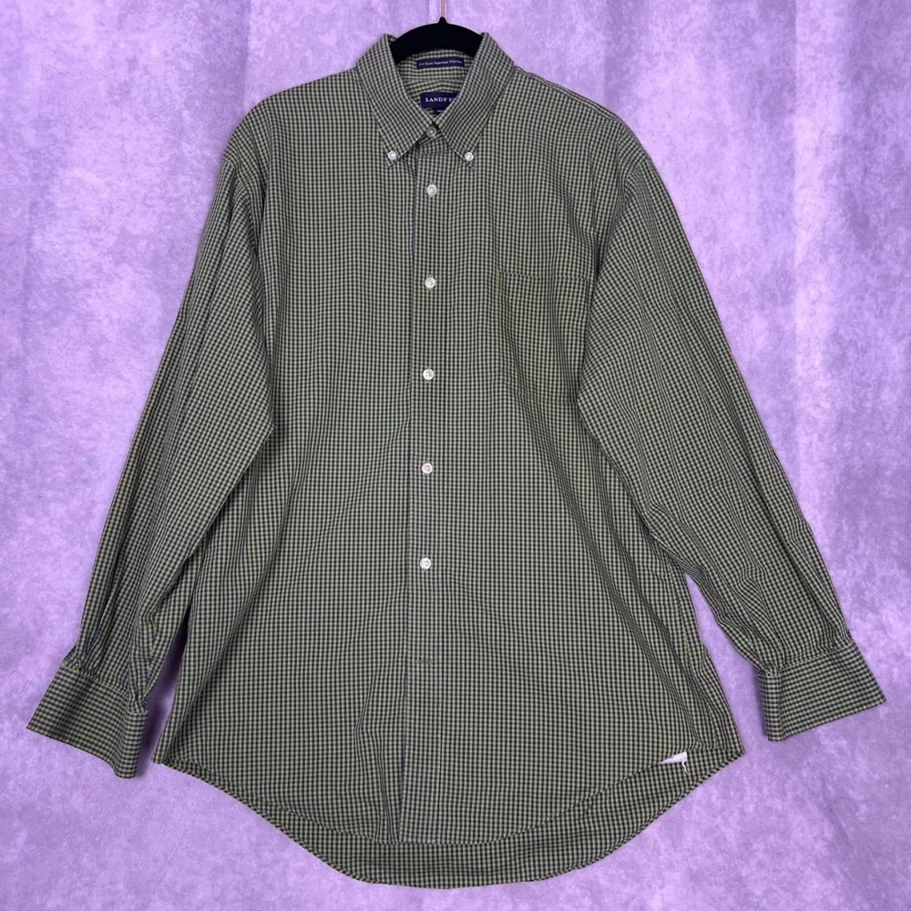 Lands' End Button Down Mens 16-33 Green Gingham No Iron Pinpoint Oxford